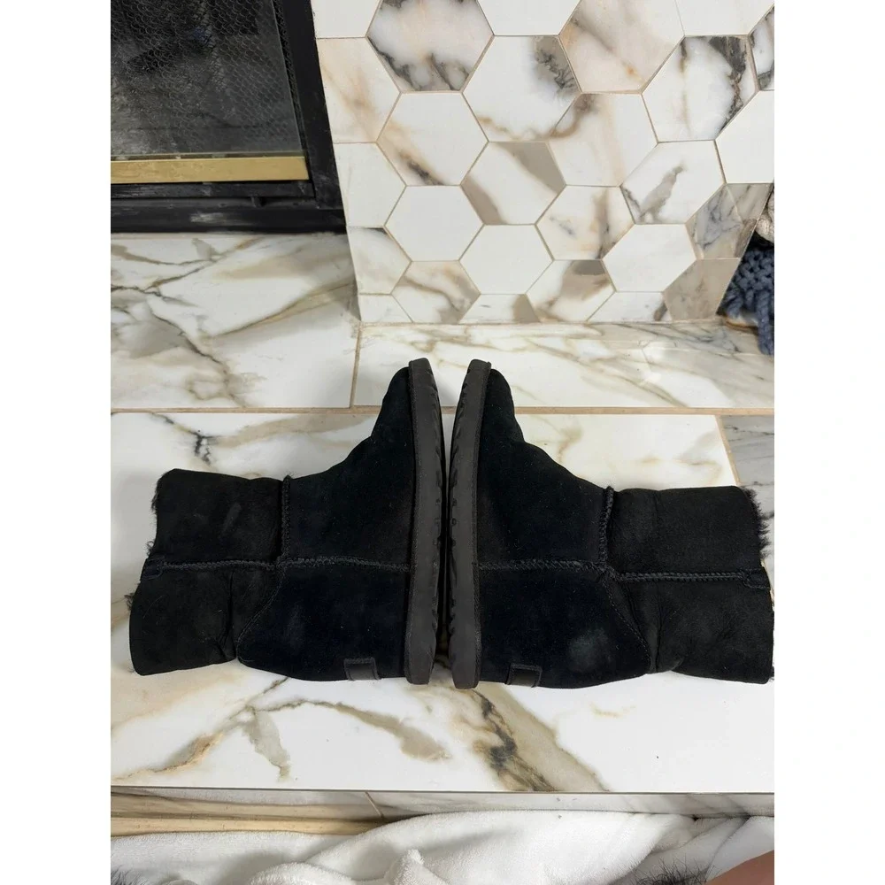 UGG Classic Femme Toggle Wedge Boots Women 6 Black Suede Shearling Ankle Booties